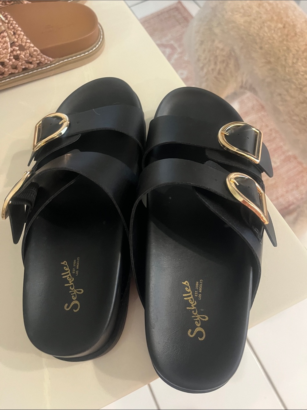 Seychelles Black Double-Buckle Heart-Accent Slide Sandals